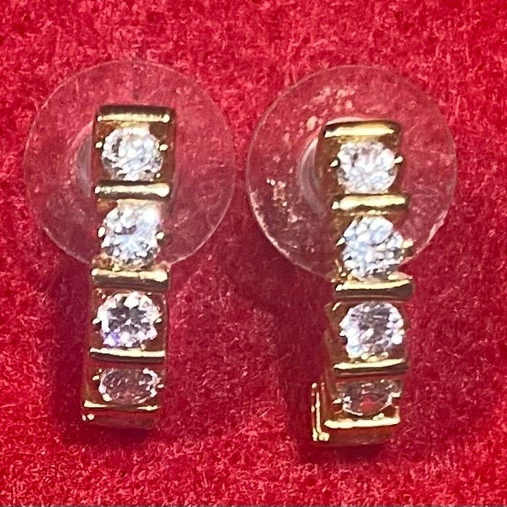 Earrings Gold Tone Pierced Post CZ Huggie Hoops New Vintage
